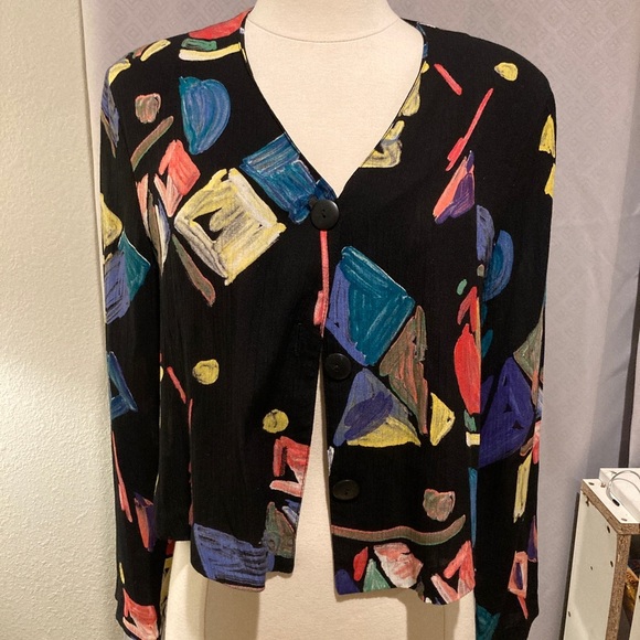 ❗️5X$30❗️ PETITE SOPHISTICATE  Colorful Geometric Patterned Cardigan  100% Rayon - Picture 1 of 9